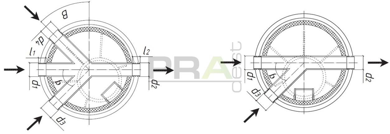 По требованию СниП 2.04.03-85 (п. 4.5), угол между присоединяемой и отводящей трубами должен быть не менее 90&deg;. Для улучшения гидравлических свойств потока рабочей среды, мы рекомендуем принимать угол присоединяемой и отводящей трубы не менее 110&deg;.