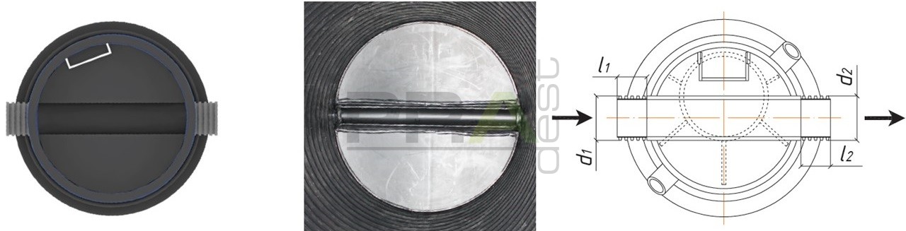 Прямопроходной тип лотка применяется в колодцах на прямых участках через расстояния, определенные СНиП 2.04.03-85 &laquo;Канализация. Наружные сети и сооружения&raquo;.