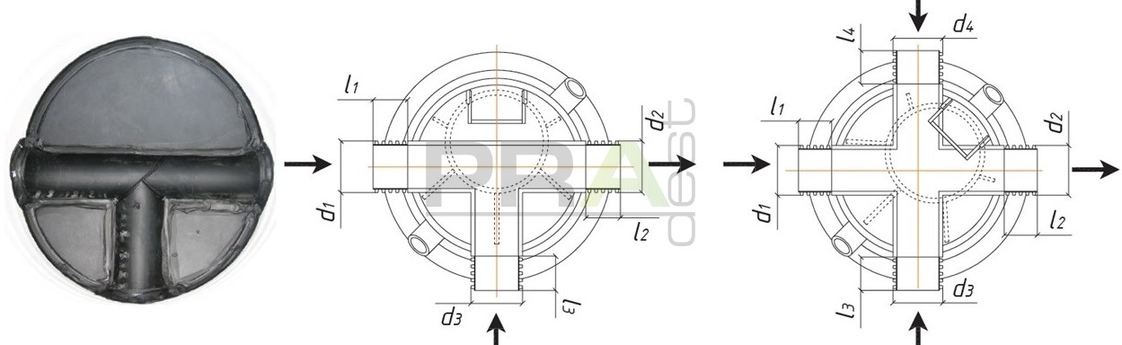 Тройниковый и крестовидный типы лотка применяются в колодцах в местах дополнительных боковых подключений согласно СНиП 2.04.03-85 &laquo;Канализация. Наружные сети и сооружения&raquo;.